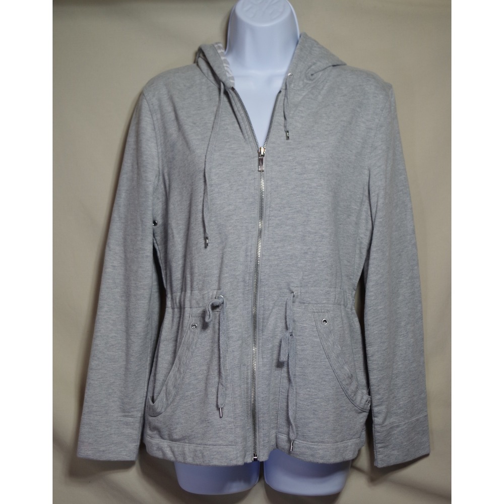 Jones New York Sport Women M Gray Full Zip Cinched Waist Hoodie Zebra Lining